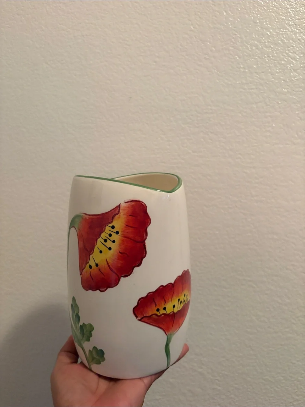 Hand-Painted Floral Ceramic Vase with Pink and Red Blooms